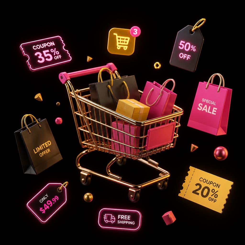 Carrinho de compras dourado com sacolas, cupons e etiquetas de desconto flutuando
